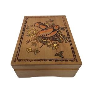 Vintage Sankyo Music Box Love Story Theme Wooden Jewelry Trinket Box Birds